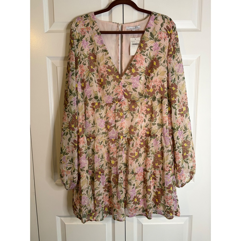 Fourteenth Place Floral V-Neck Tiered Mini Dress Pink Multi 1X NWT